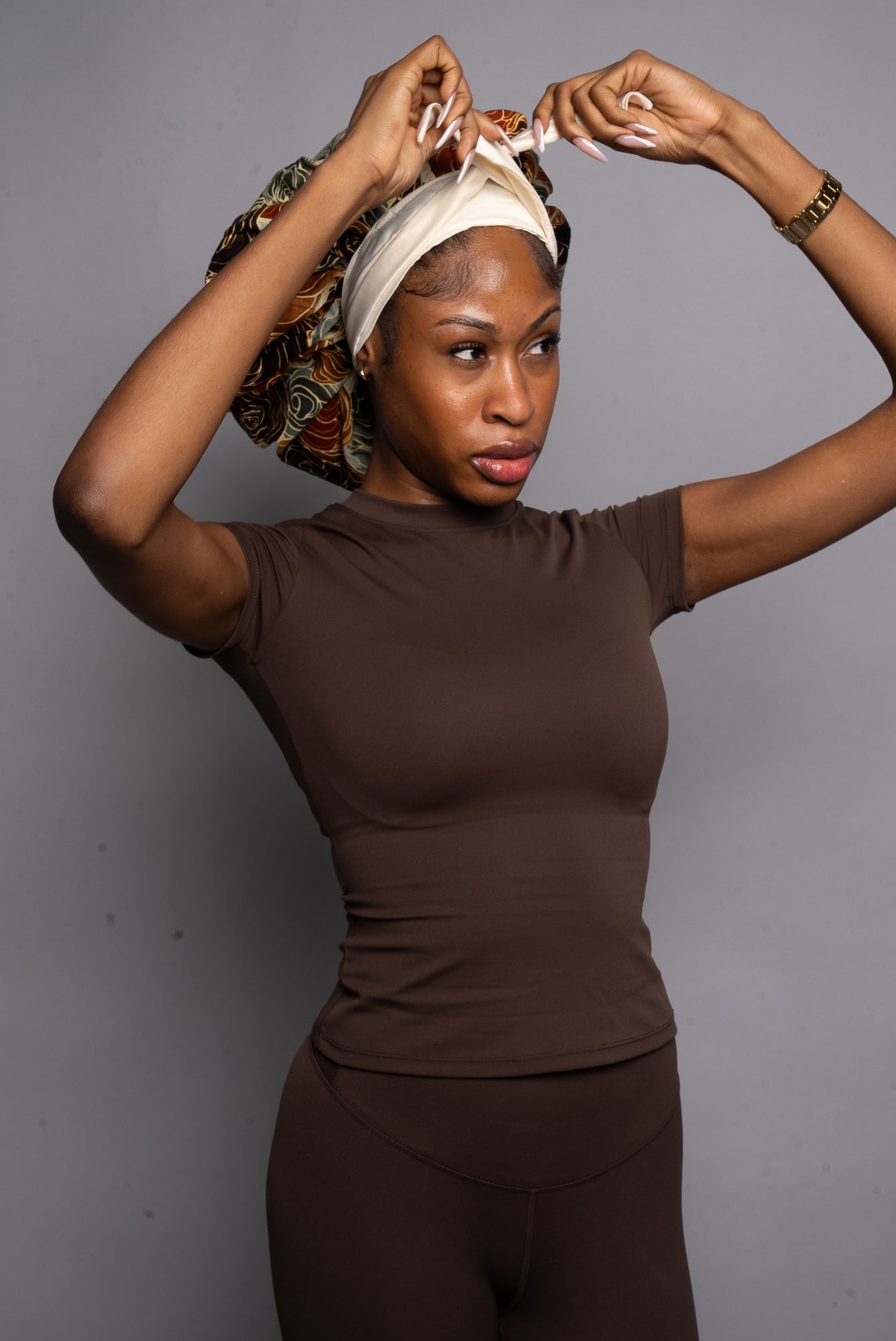 Cream & Beige Floral Head Tie Silk Bonnet