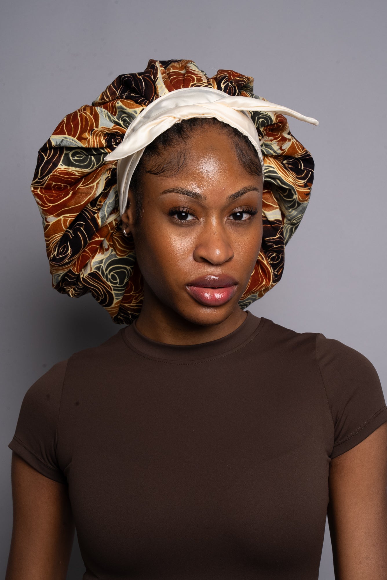 Cream & Beige Floral Head Tie Silk Bonnet