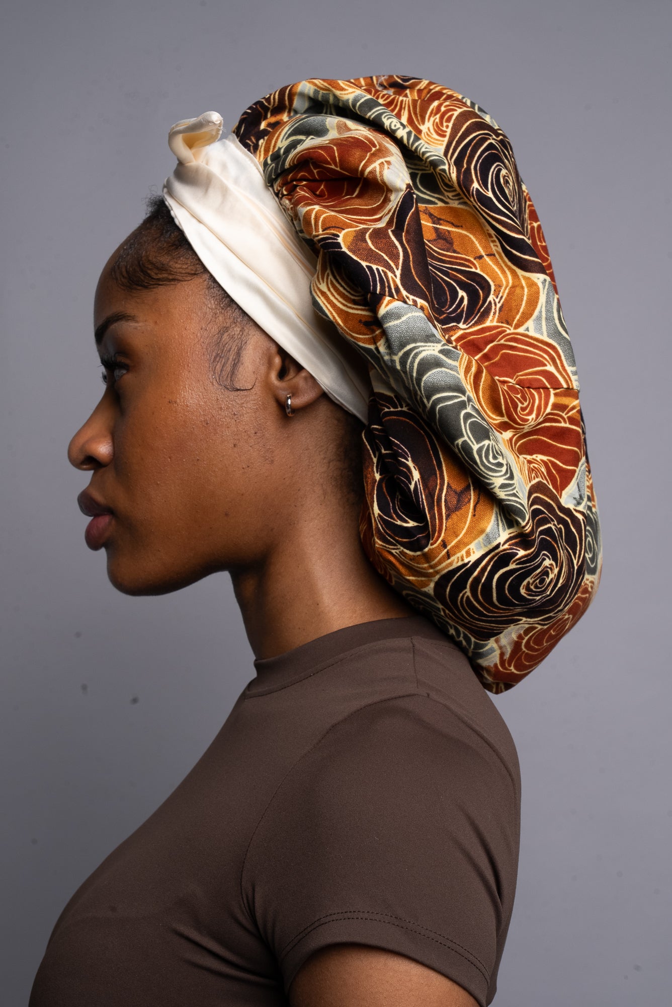 Cream & Beige Floral Head Tie Silk Bonnet
