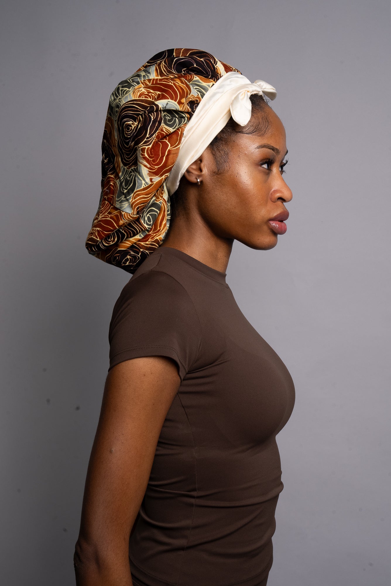 Cream & Beige Floral Head Tie Silk Bonnet