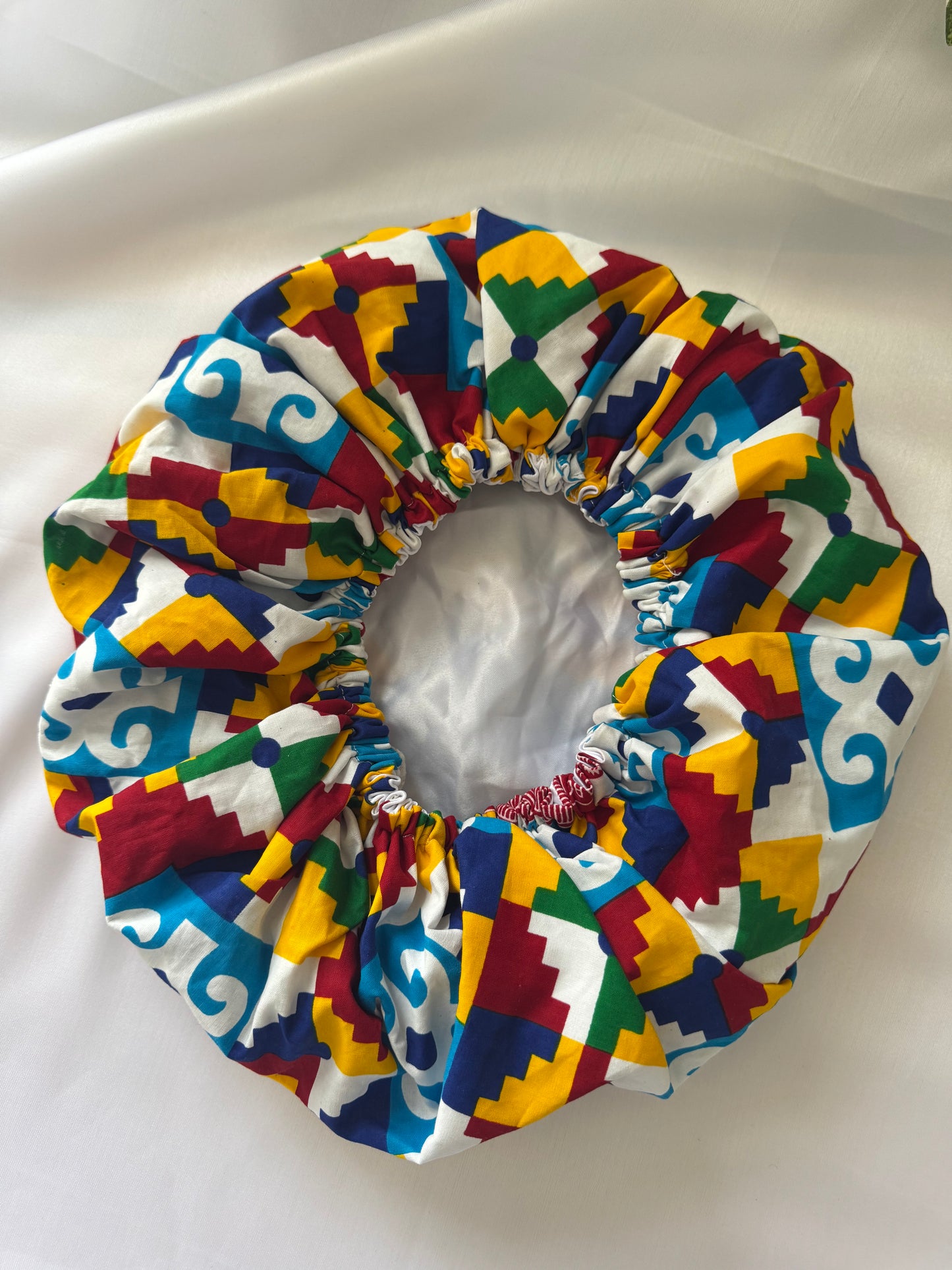 White Kente Adult Hair Bonnet