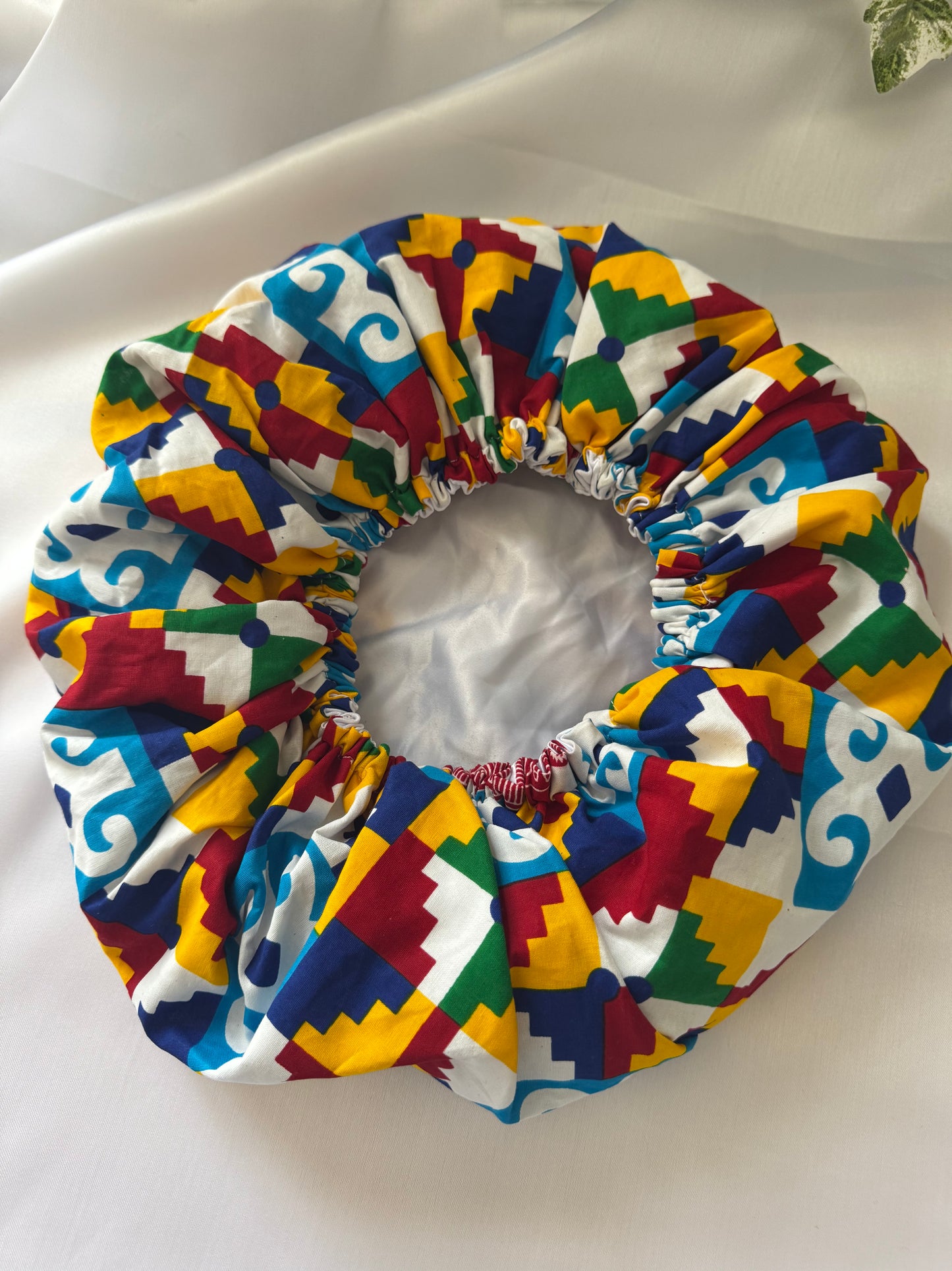 White Kente Adult Hair Bonnet