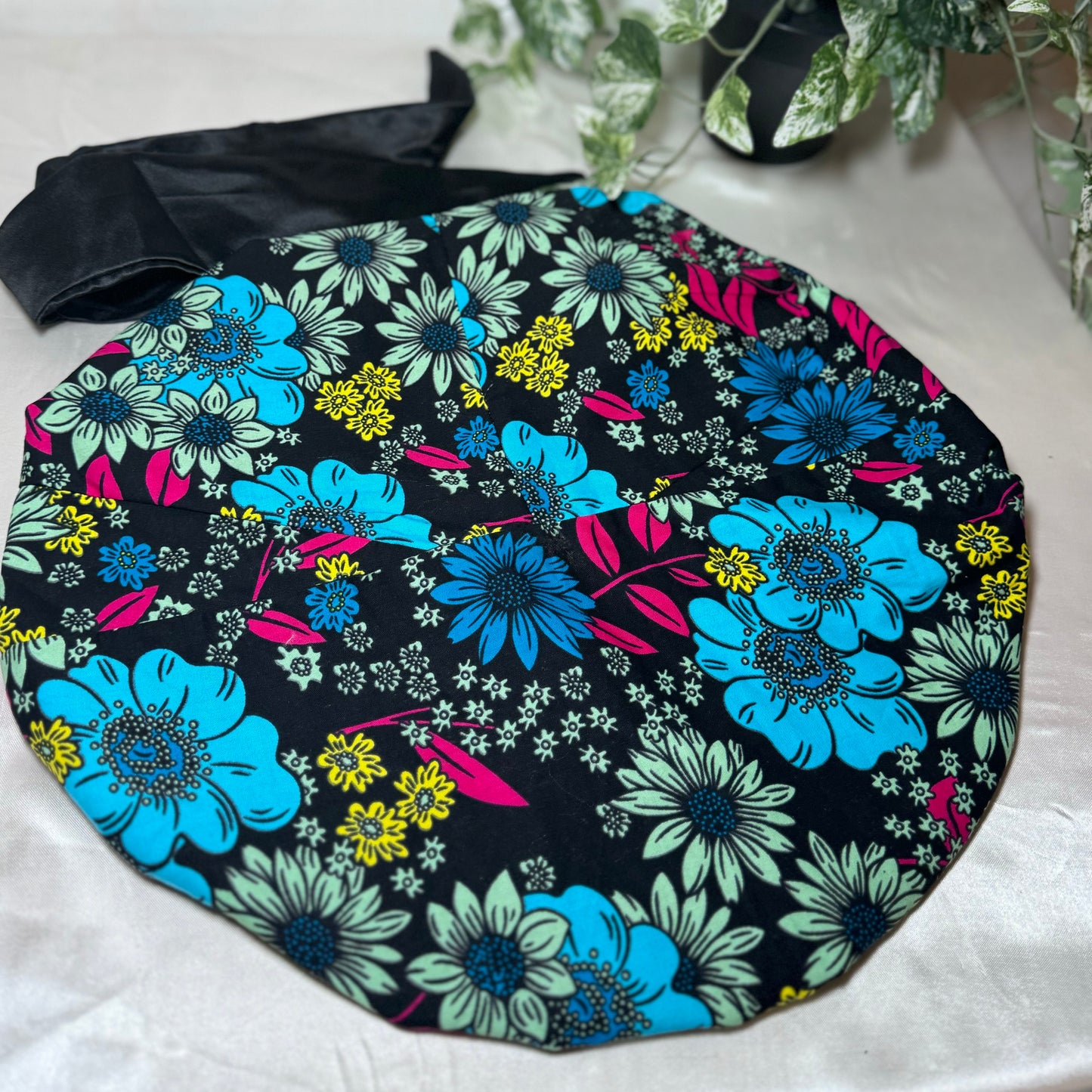 Black Floral Head Tie Silk Bonnet