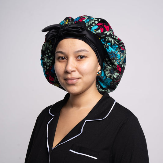 Black Floral Head Tie Silk Bonnet