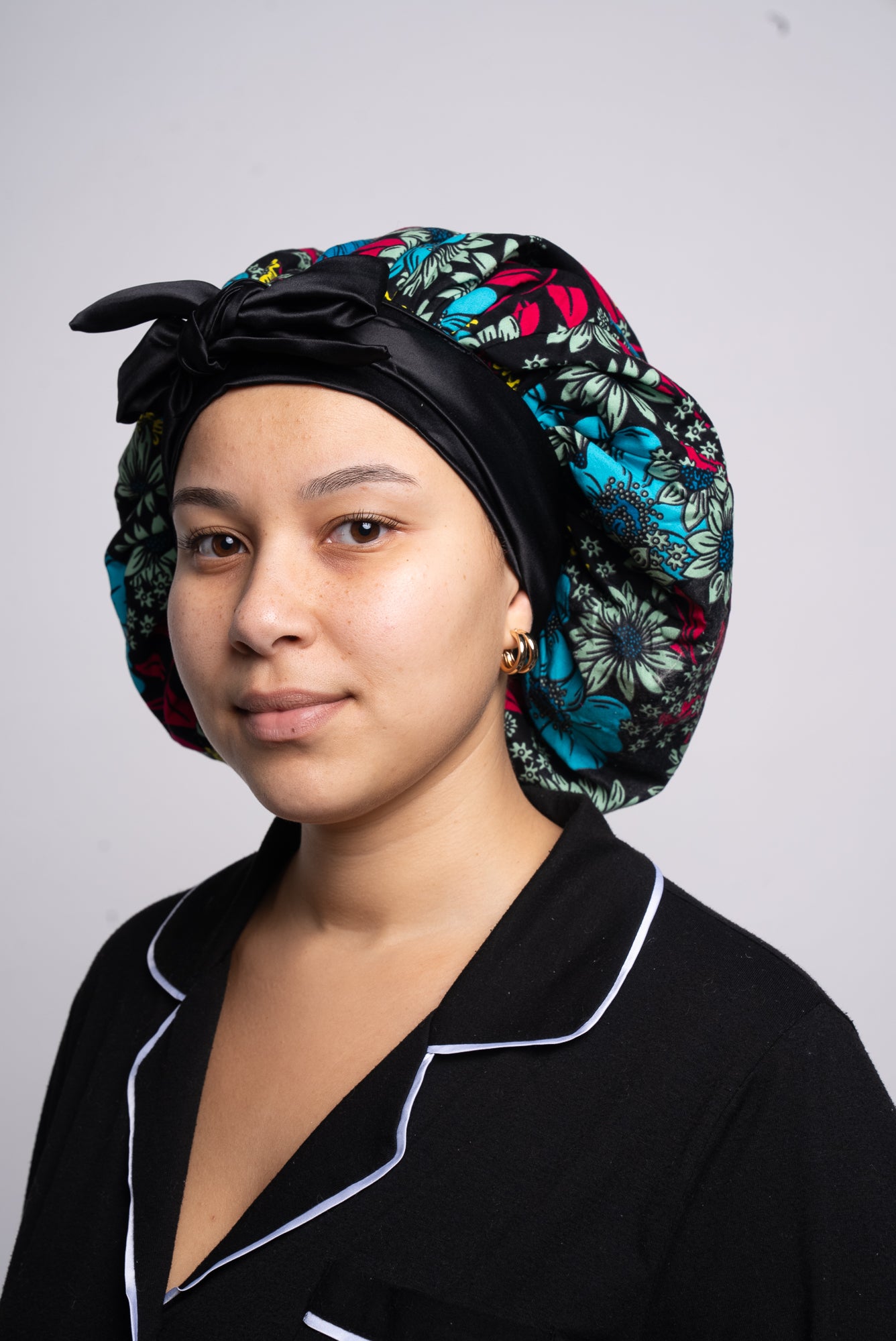 Black Floral Head Tie Silk Bonnet
