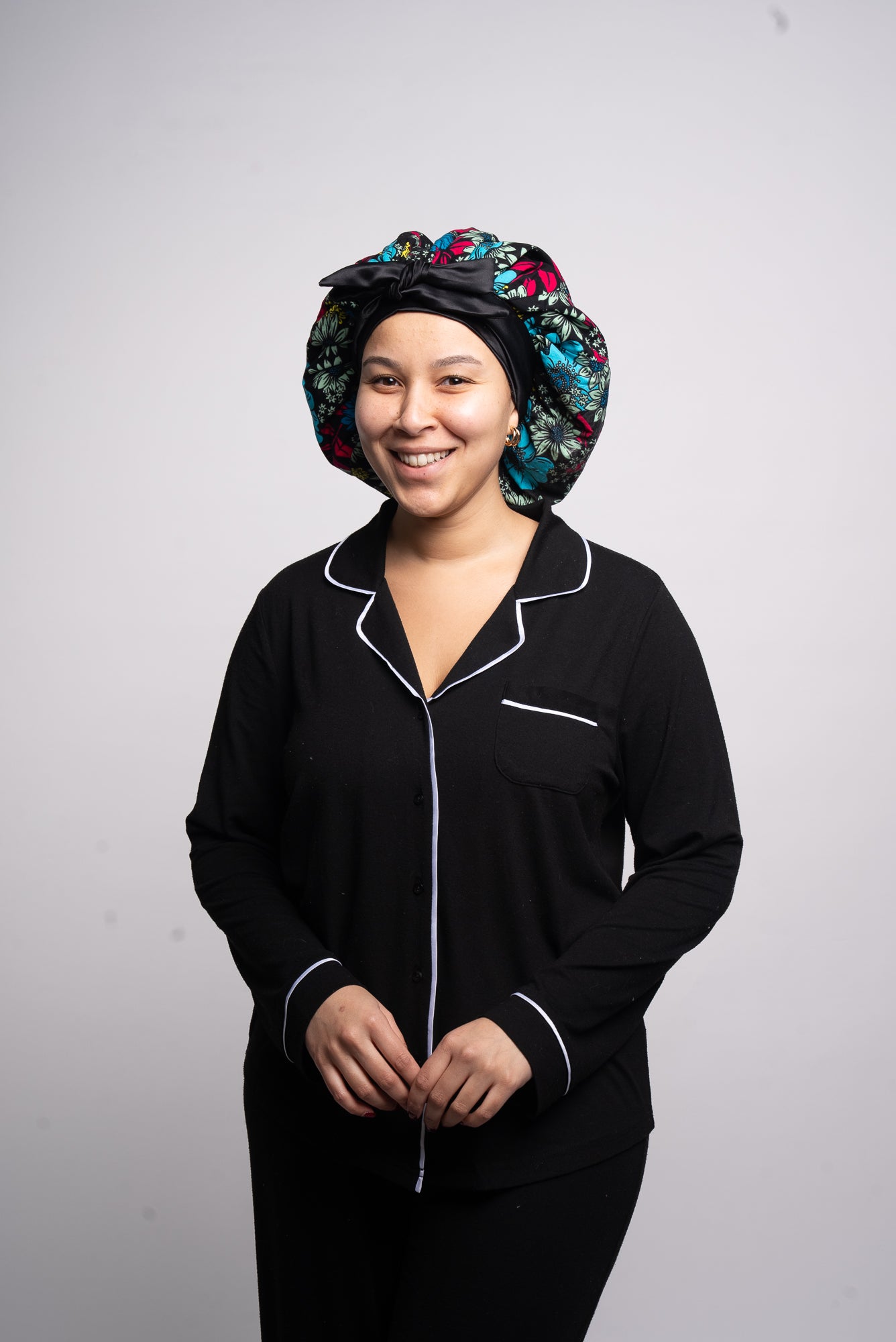 Black Floral Head Tie Silk Bonnet
