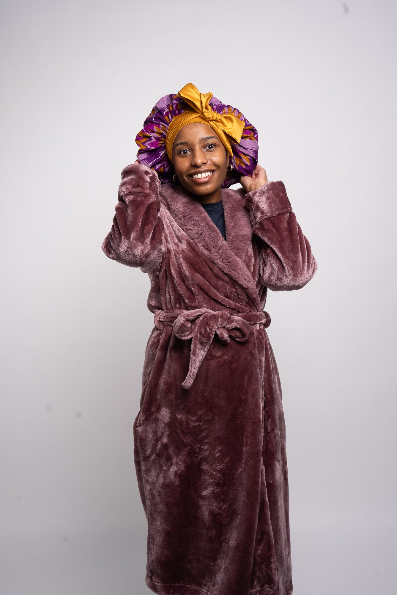 Purple & Gold Head Tie Silk Bonnet