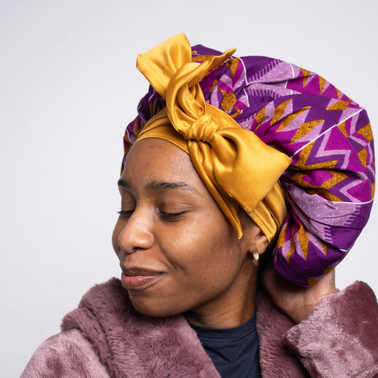 Purple & Gold Head Tie Silk Bonnet