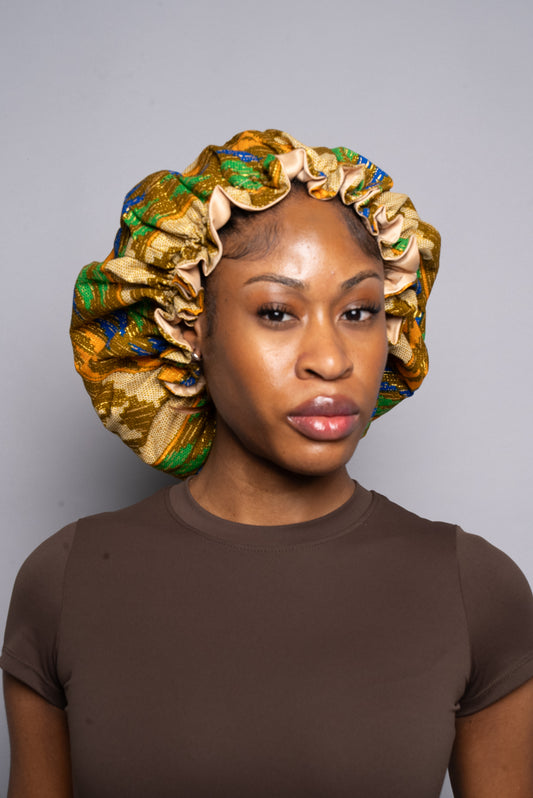 Gold Glitter Kente Adjustable Silk Bonnet