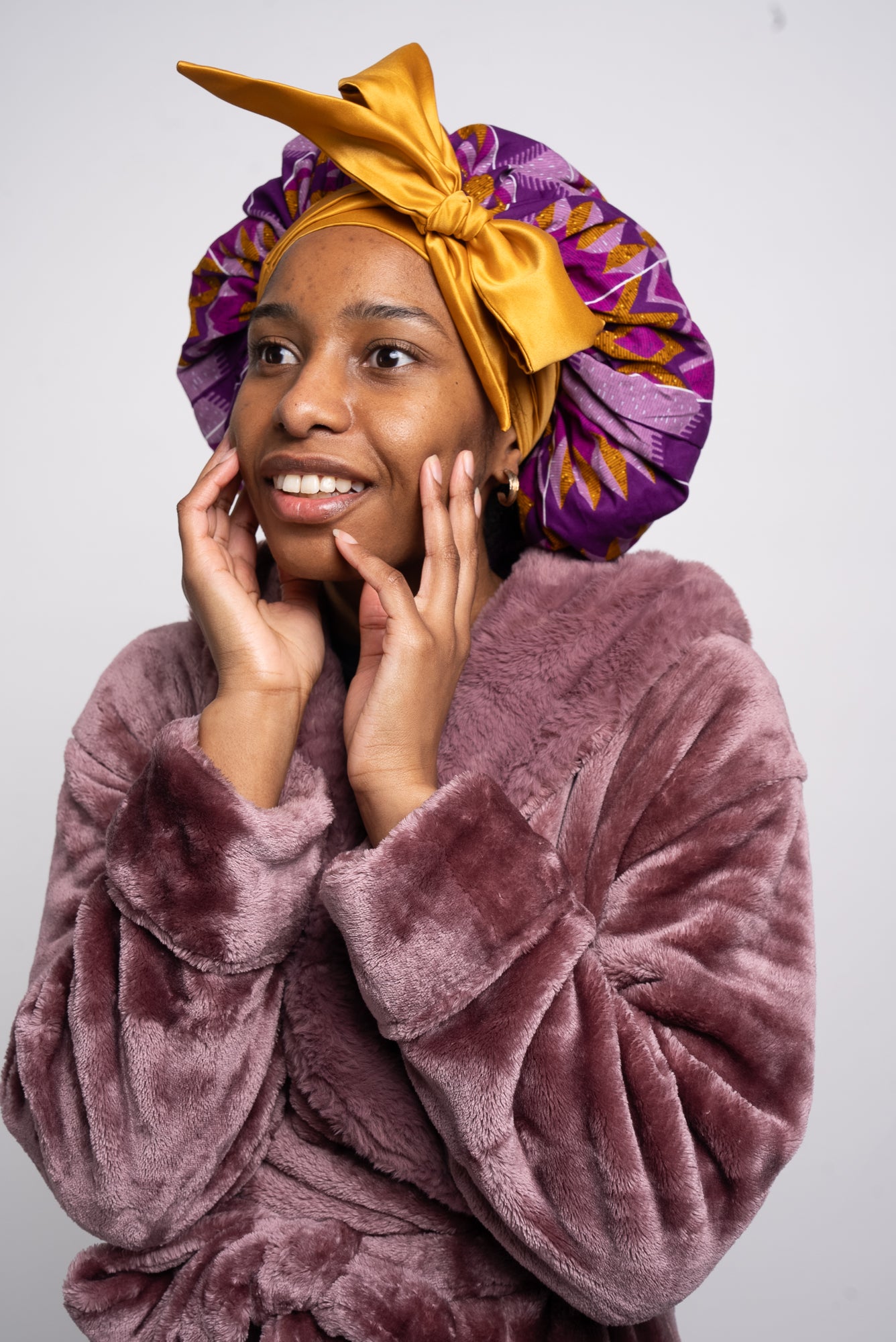 Purple & Gold Head Tie Silk Bonnet