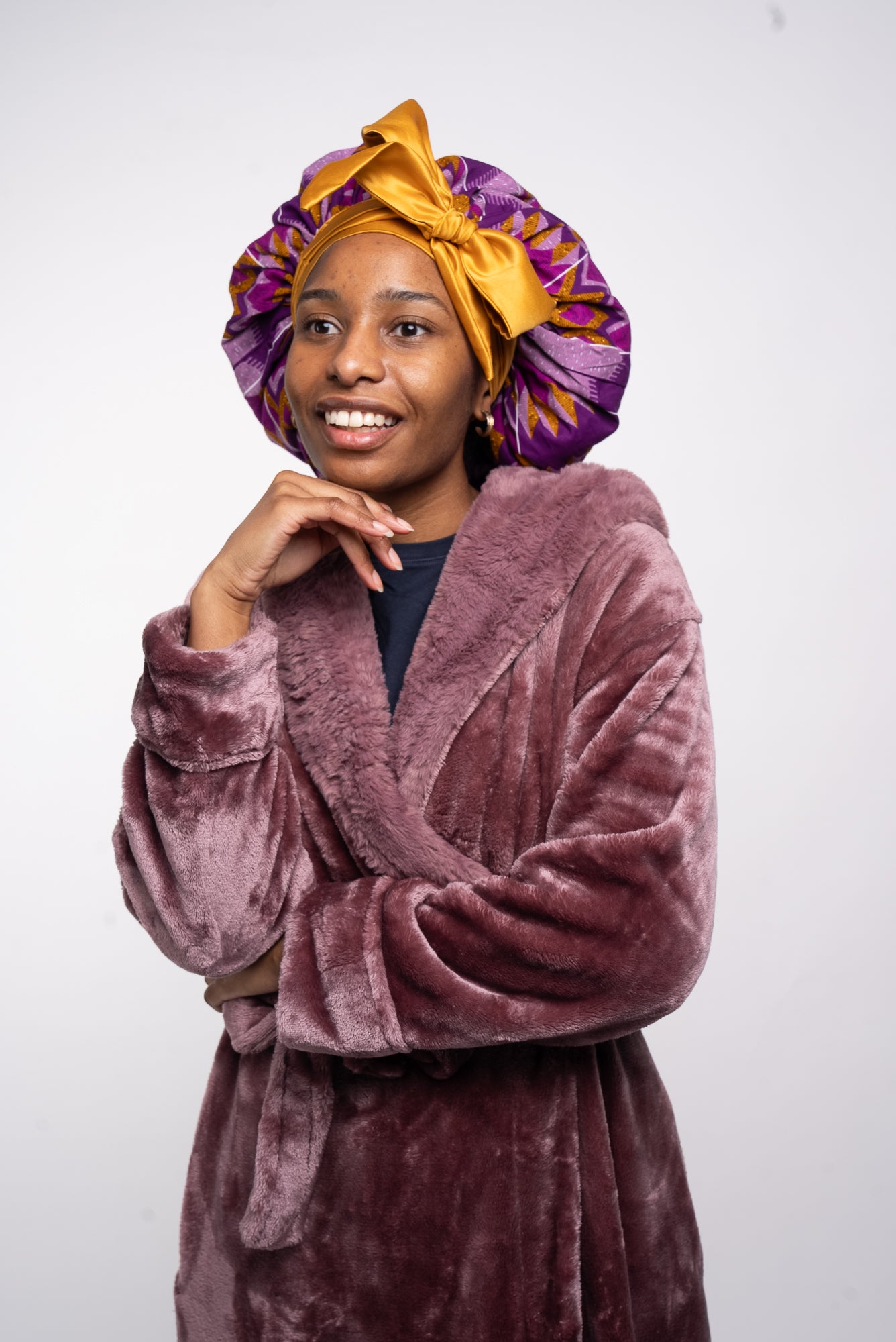 Purple & Gold Head Tie Silk Bonnet