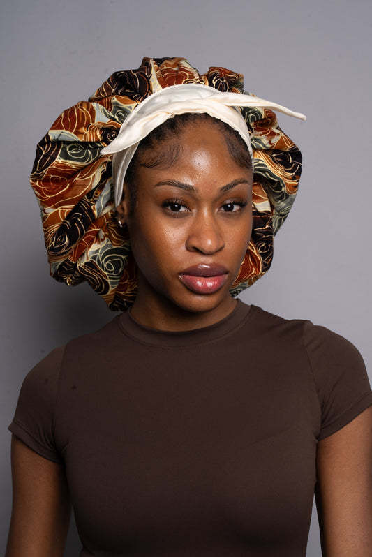 Cream & Beige Floral Head Tie Silk Bonnet