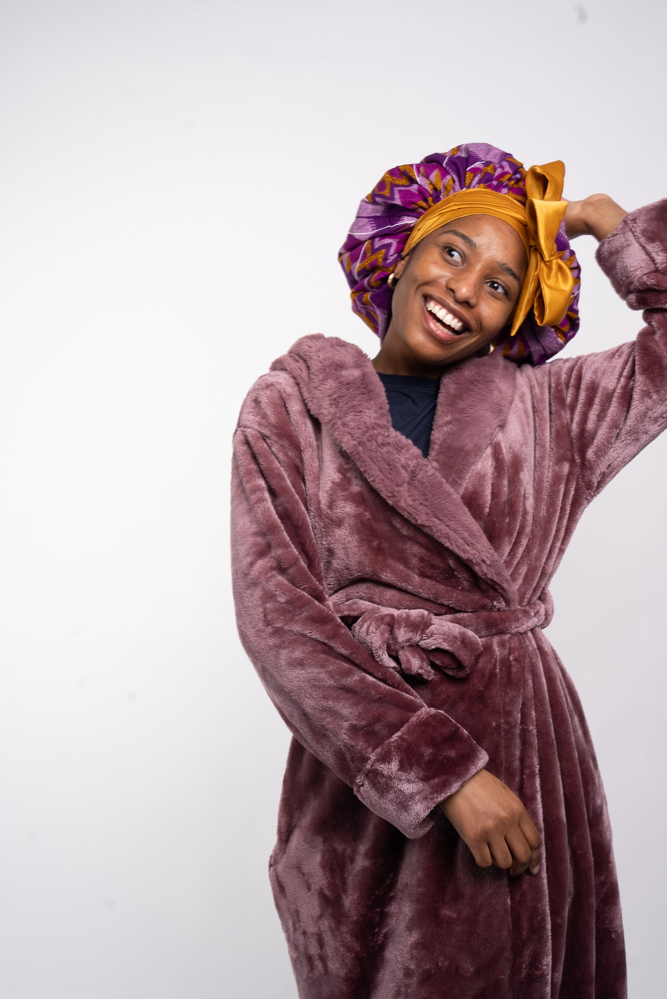 Purple & Gold Head Tie Silk Bonnet