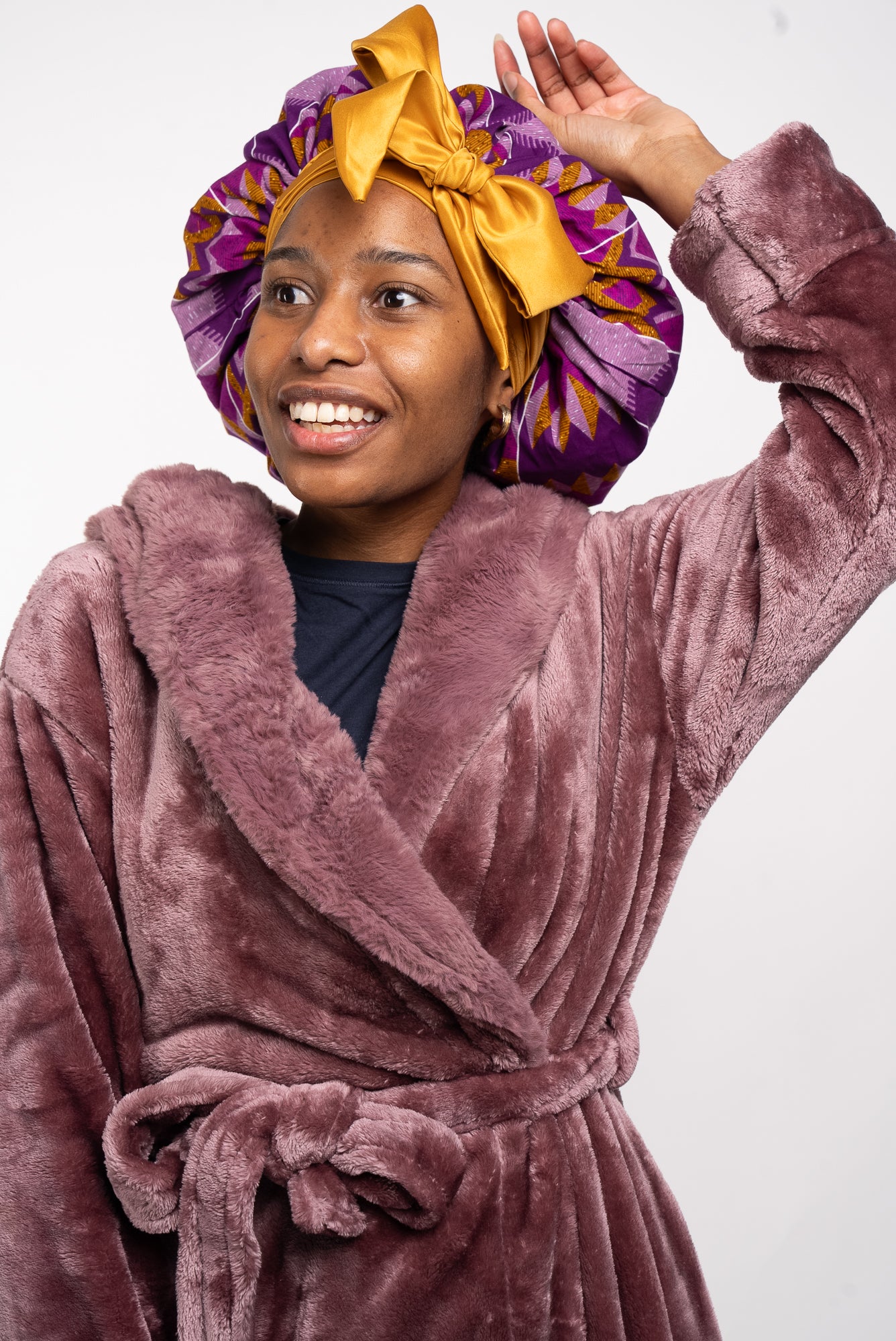 Purple & Gold Head Tie Silk Bonnet