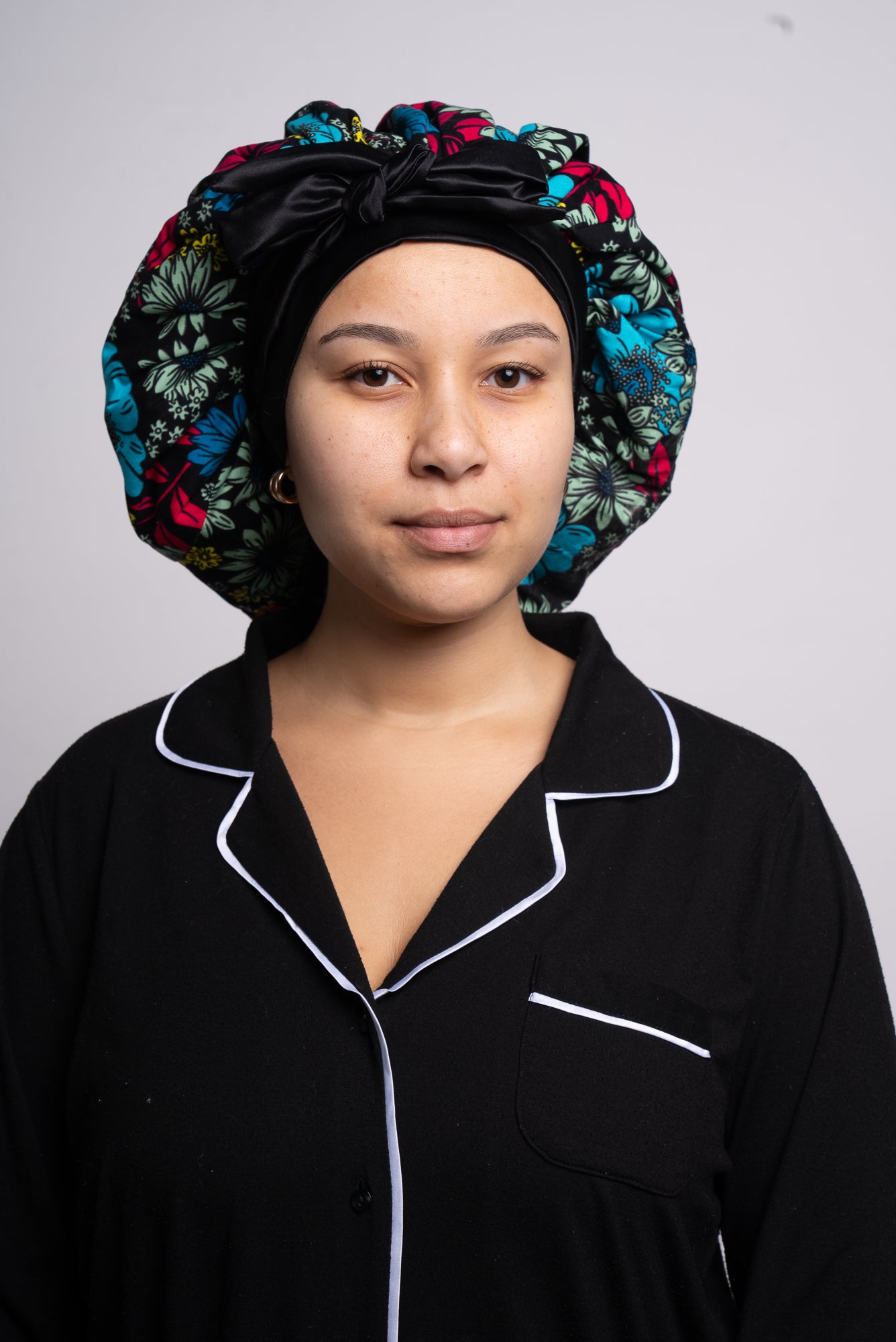 Black Floral Head Tie Silk Bonnet